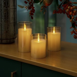 Relaxdays LED Kerzen im Glas 3er Set Echtwachs Weiß Warmweiß Flackernd Mit Fernbedienung 10 cm x 7,5 cm 12,5 cm x 7,5 cm 15 cm x 7,5 cm