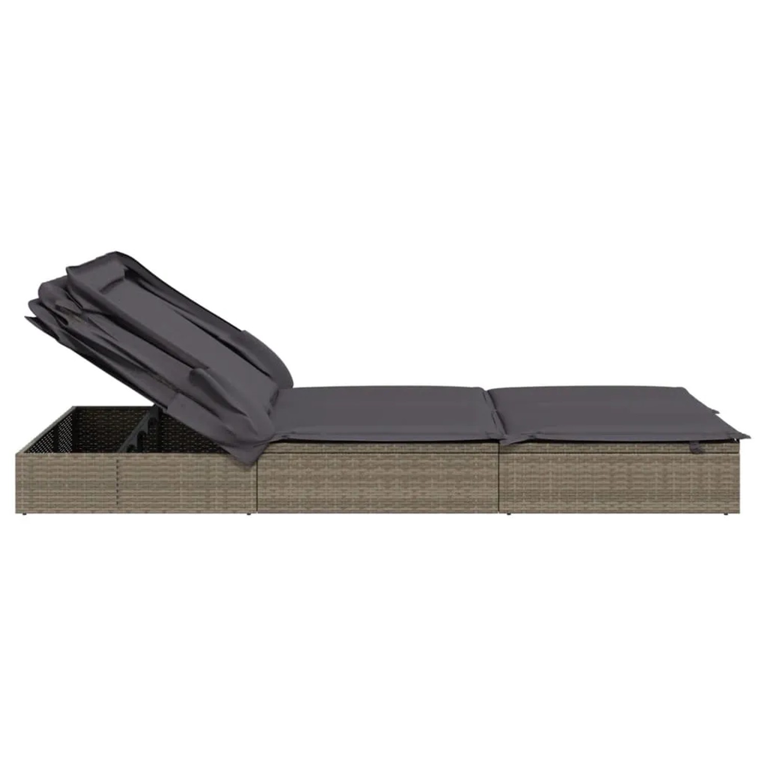 Graue 2-Personen-Sonnenliege mit Dach aus Poly Rattan, Liegefläche mit Kissen, Dach teilweise geöffnet.