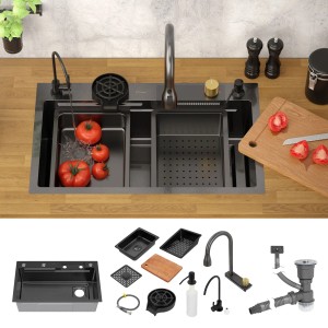 ML-Design Spülbecken Edelstahl Anthrazit 75x46cm mit Zubehör, Wasserhahn und Schneidebrett.