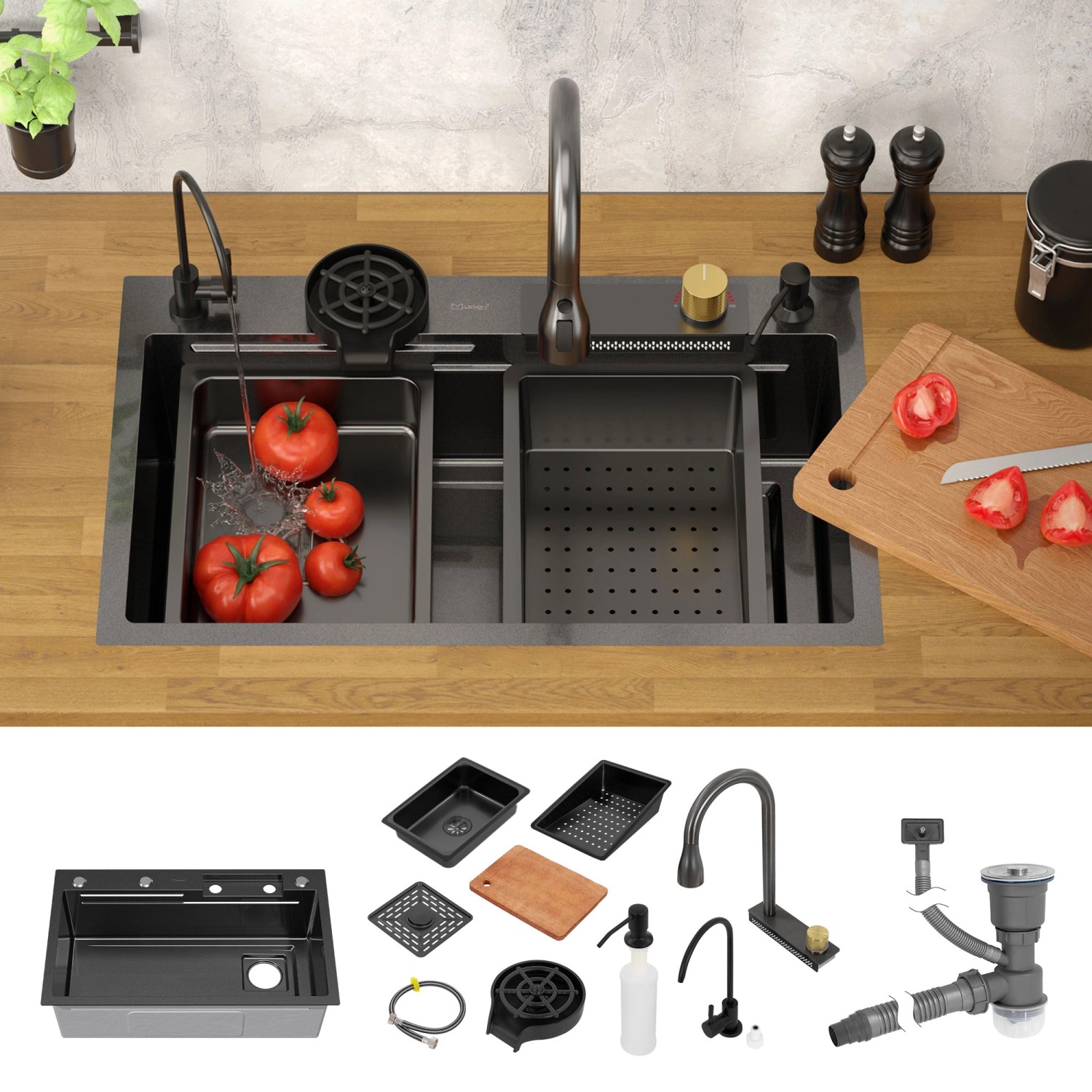 ML-Design Spülbecken Edelstahl Anthrazit 75x46cm mit Zubehör, Wasserhahn und Schneidebrett.
