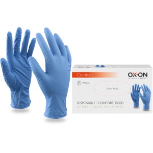 OX-ON Einweghandschuhe Comfort 15300, blau, Größe 7, mit Verpackung. Nitril, latexfrei, puderfrei.