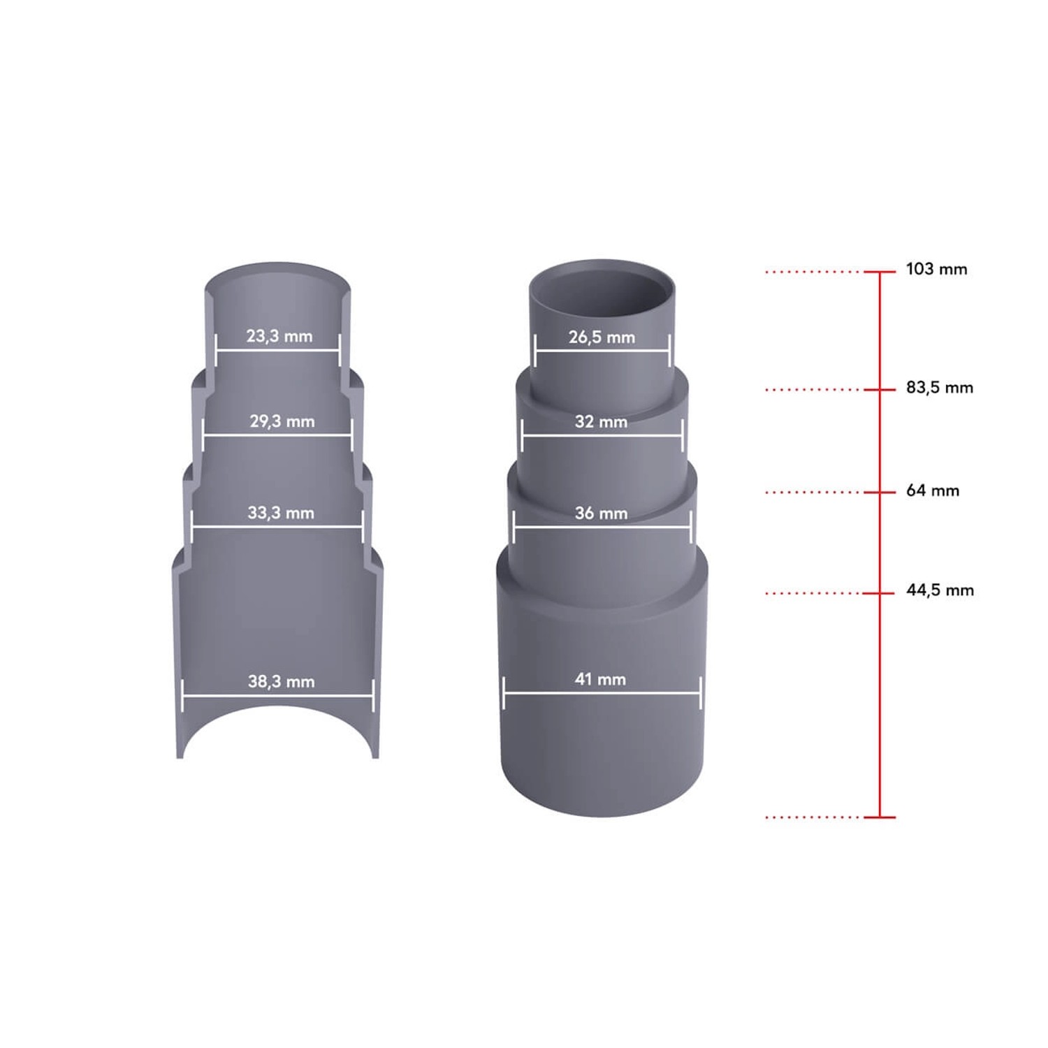Bauheld Staubsaugeradapter, dunkelgrau, 5 Stück, mit Maßangaben für Staubsaugerzubehör.