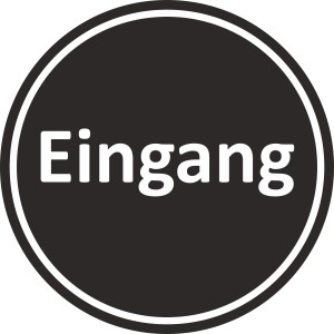 Rundes Türschild Eingang, Ø 9,5 cm, aus schwarzem Hart-PVC mit weißer Schrift.