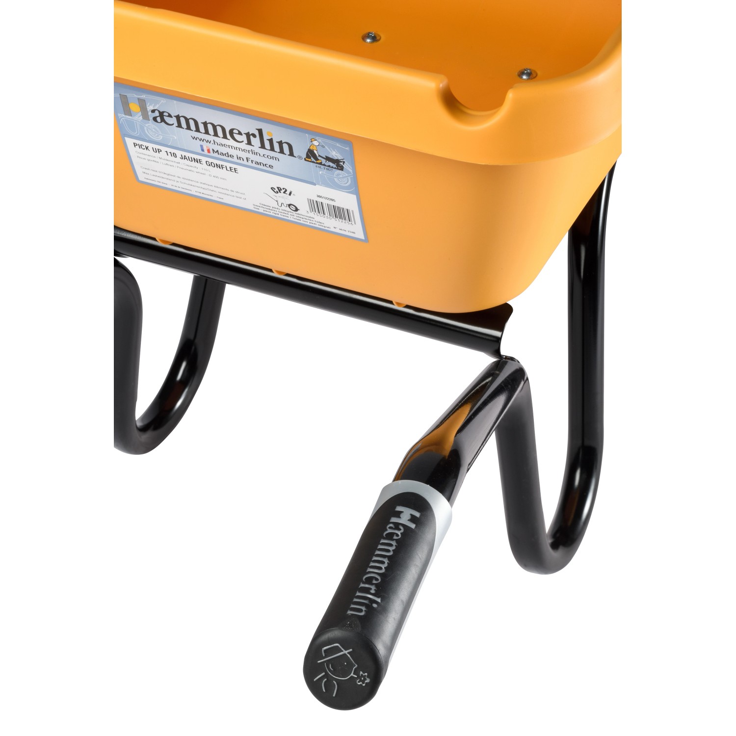 Detailaufnahme: Haemmerlin Schubkarre Pick Up, 110 l, gelbe Kunststoffmulde, Luftrad, Baugerät.