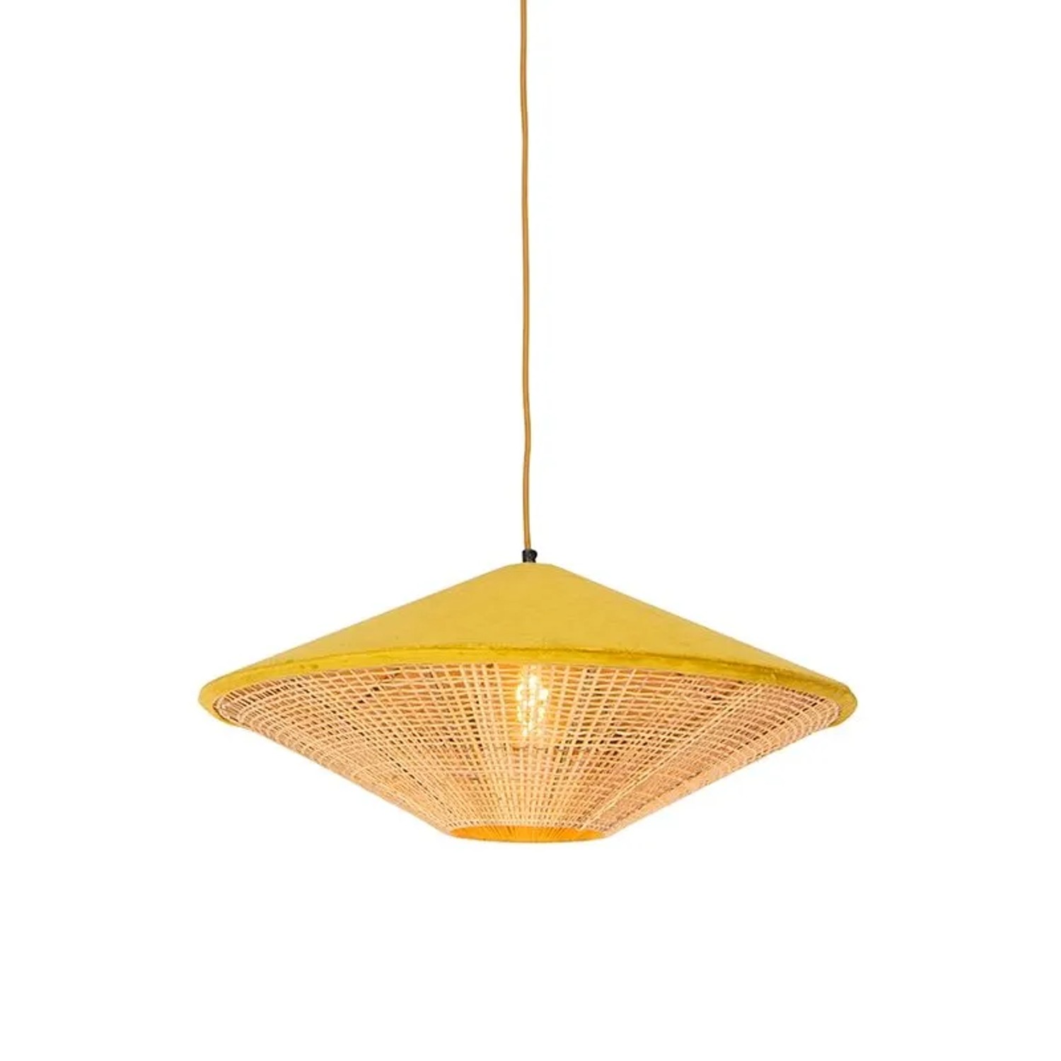 QAZQA Landhaus Pendelleuchte Gelb Samt mit Rattan 60cm Frills Can