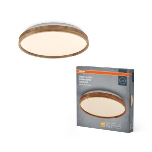 Runde Osram LED-Deckenleuchte Orbis Alison mit Holzring und weißem Diffusor, Click-Dim, Ø 50 cm.
