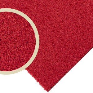 Roter Primaflor Kunstrasen Colorplay mit strukturierter Oberfläche und Detailansicht. Ideal für Balkon, Terrasse.