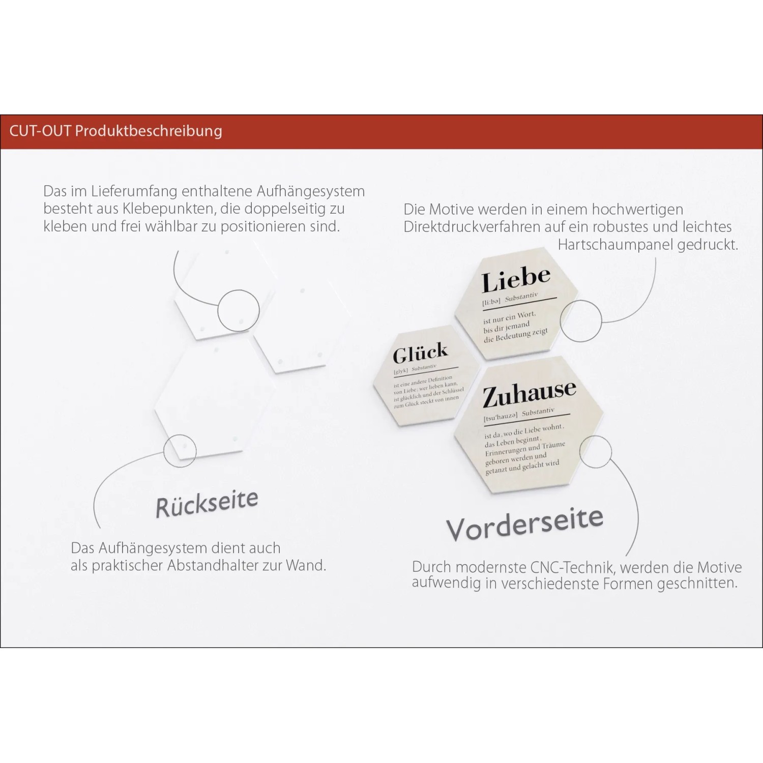 Pro Art Bildkacheln Cut-Out Set mit den Motiven Zuhause, Glück und Liebe, 3 Stück, je 50x50 cm.