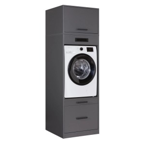 Anthrazitfarbener Inter Link Geräteschrank L-Studio mit integrierter Waschmaschine, Auszügen und Oberfach für Hauswirtschaftsraum.