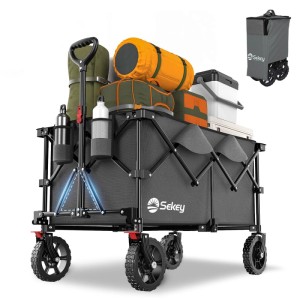 Sekey XXL Bollerwagen, faltbar, anthrazit, beladen mit Campingausrüstung.