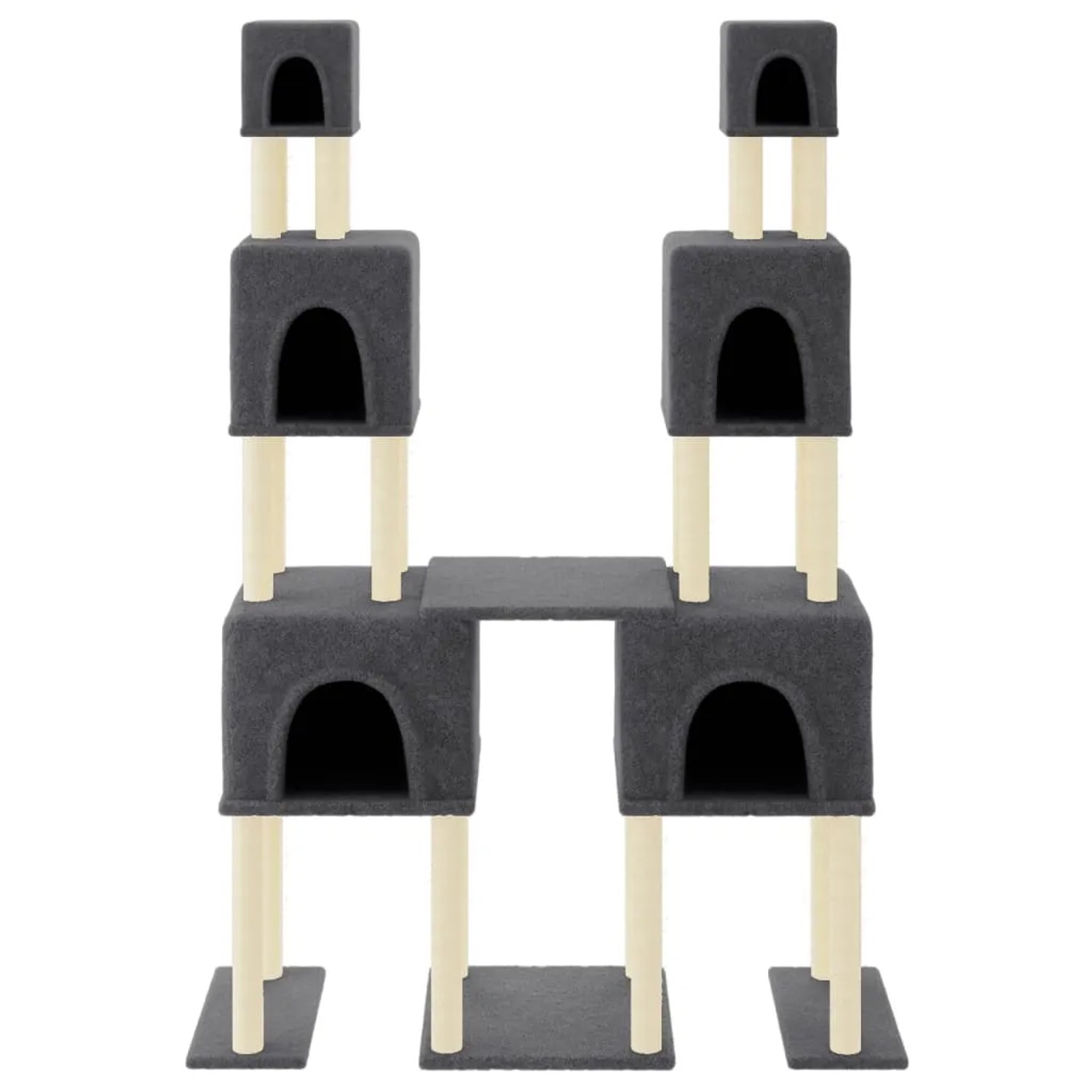 Dunkelgrauer vidaXL Kratzbaum mit Sisal-Säulen, 199 cm hoch, mit Liegeflächen und Kuschelhöhlen.