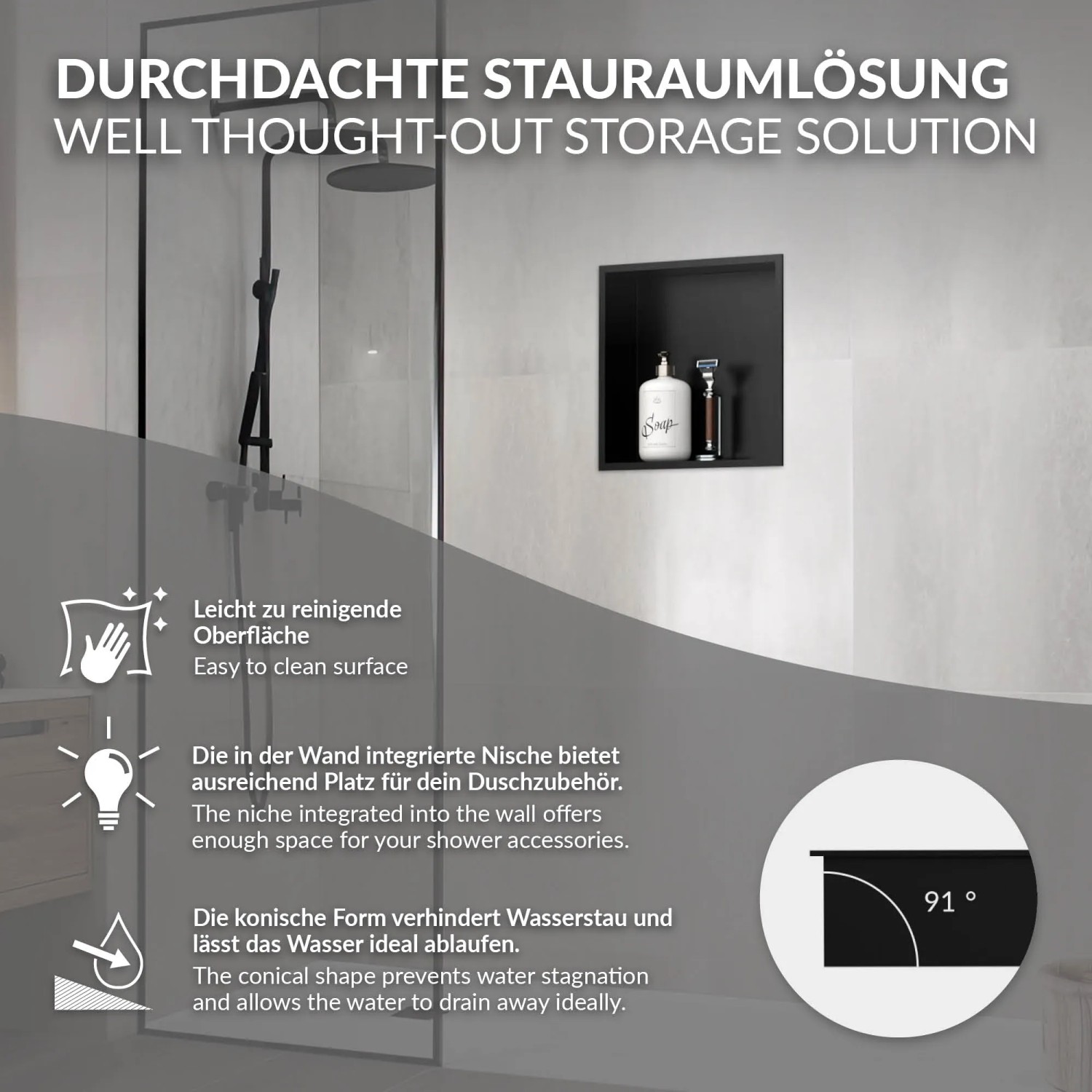 Schwarze LuxeBath Wandnische aus Edelstahl (30x30x10 cm) mit Rahmen als Duschzubehör.