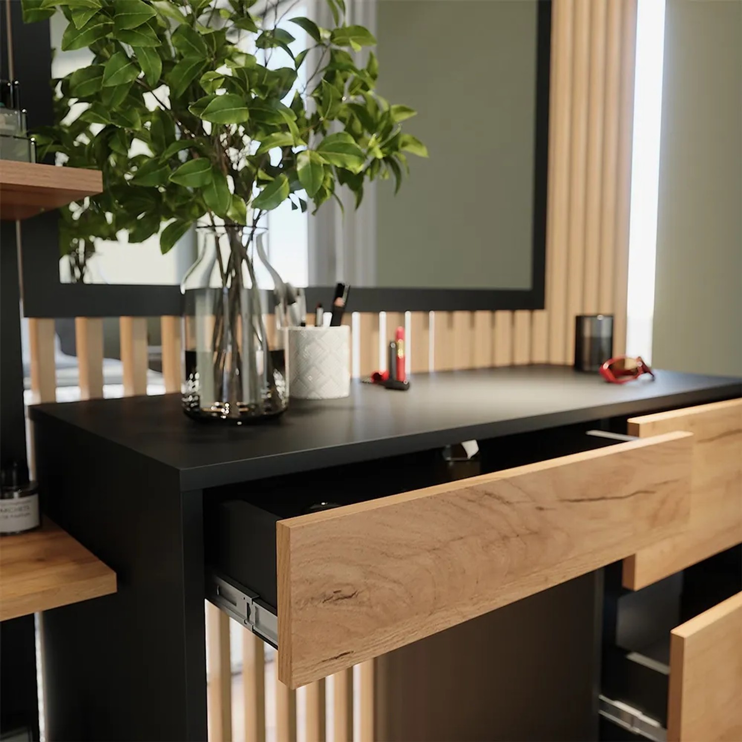 Vicco Schminktisch Sherry in Anthrazit/Goldkraft Eiche mit Schublade geöffnet.