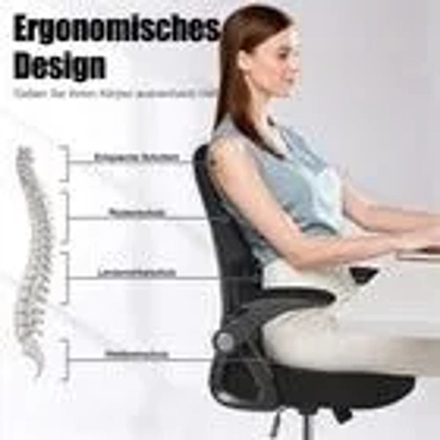 Ergonomischer, schwarzer Drehstuhl mit Mesh-Lehne und Klapparmlehnen. Bürostuhl für gesundes Sitzen.