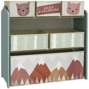 ZONEKIZ Kinderzimmerregal mit Fächern und bunten Motiven für Spielzeug und Bücher.