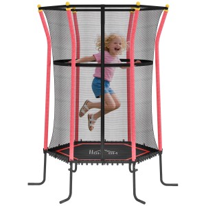 HOMCOM Kindertrampolin, rot, mit Sicherheitsnetz. Mädchen springt auf dem Trampolin.