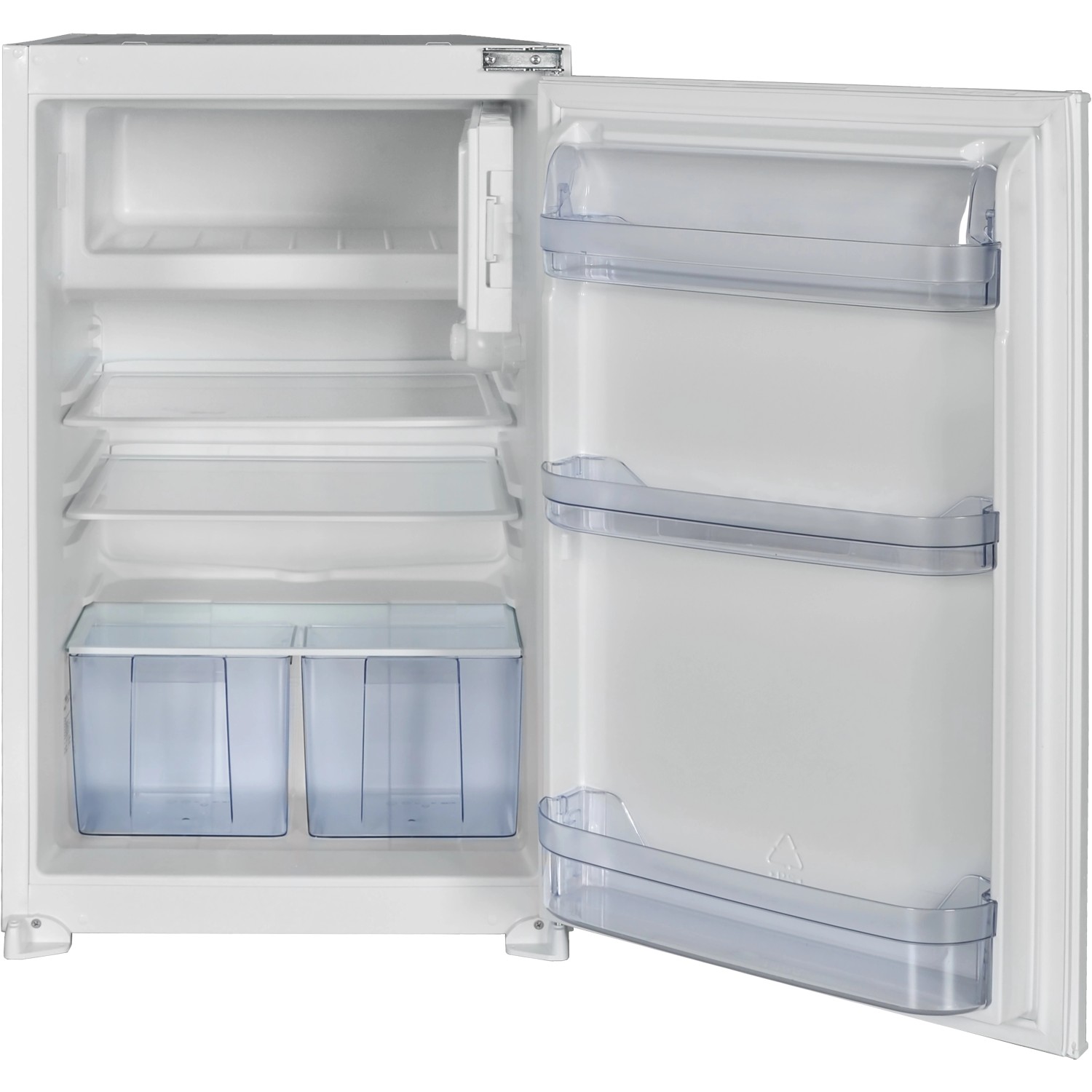 Respekta Einbaukühlschrank (EEK E) mit geöffneter Tür, Innenraum mit Ablagen und Fächern.