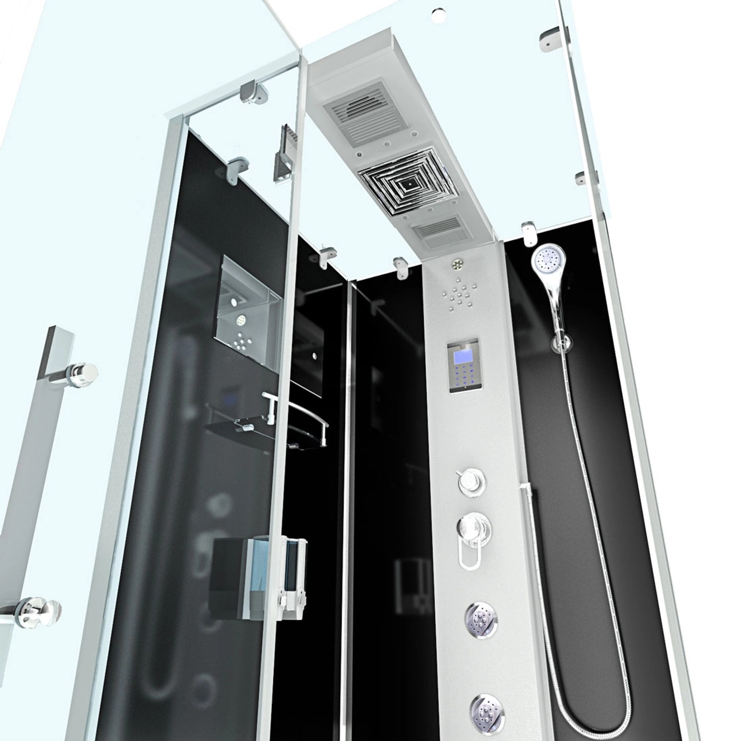 AquaVapore Komplettdusche 100x100 cm mit Regendusche, Handbrause und schwarzen Rückwänden.