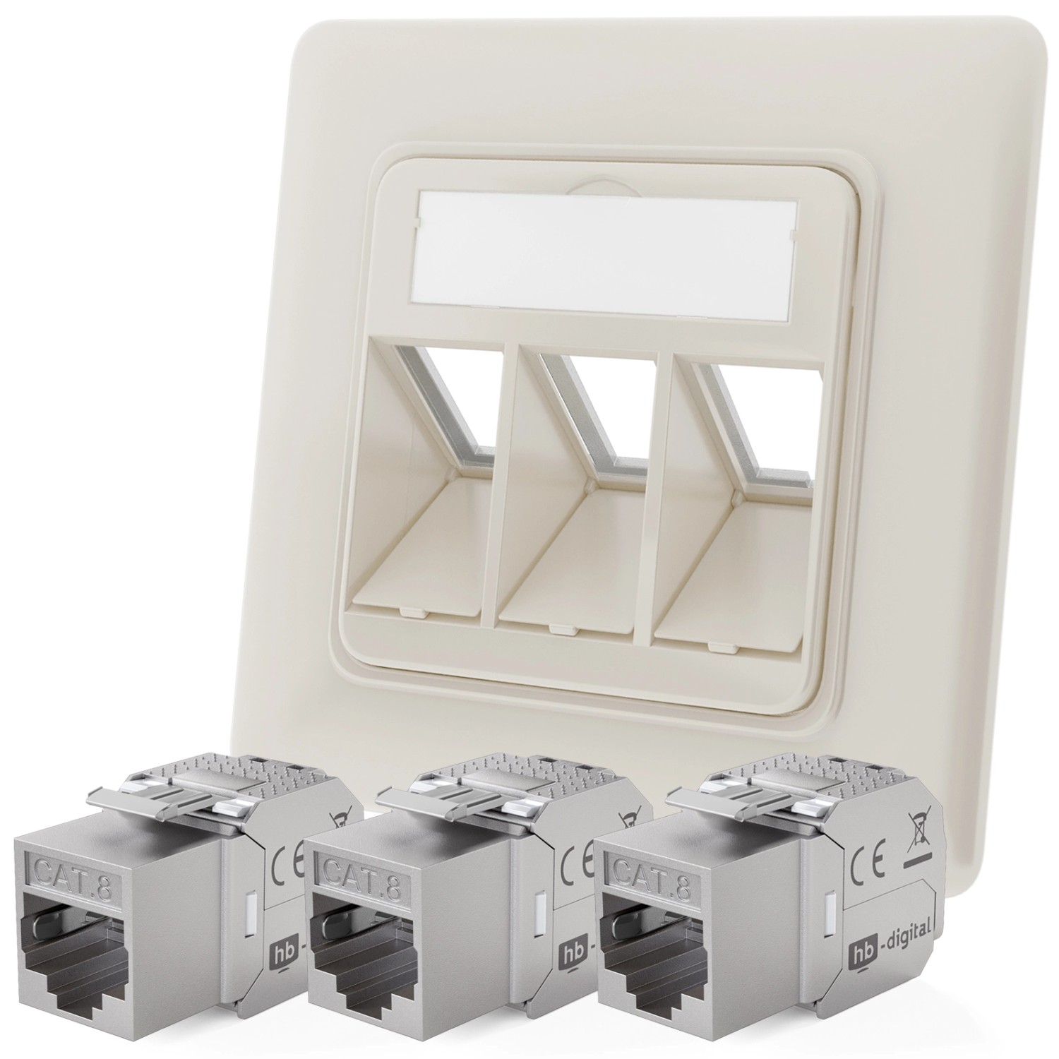 hb-digital Netzwerkdose Unterputz Einsatz 3 Port mit 3x Keystone Modul CAT 8 RAL9010