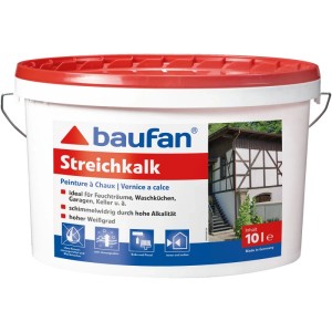 Weißer Baufan Streichkalk 10 l Eimer mit rotem Deckel. Mineralische Kalkfarbe für Feuchträume, Keller, Garagen.