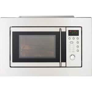 PKM Einbau-Mikrowelle MW800-20.8EB in Silber mit digitalem Display und Drehteller.