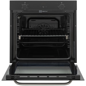 Offener Telefunken Einbaubackofen (schwarz) mit 78 Liter Garraum, Gitterrost und Backblech.
