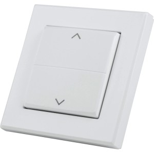Weiße Homematic IP Tasterwippe für Markenschalter mit Auf-/Ab-Pfeilen zur Rollladen- und Jalousiesteuerung im Smart Home.