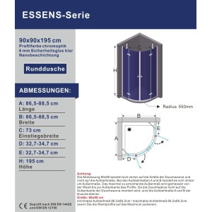 Aquabatos 90 x 90 cm Runddusche Duschkabine Viertelkreis Duschabtrennung Schwingtür 6 mm NANO ESG Sicherheitsglas Halbrunde Duschwand Höhe 195 cm