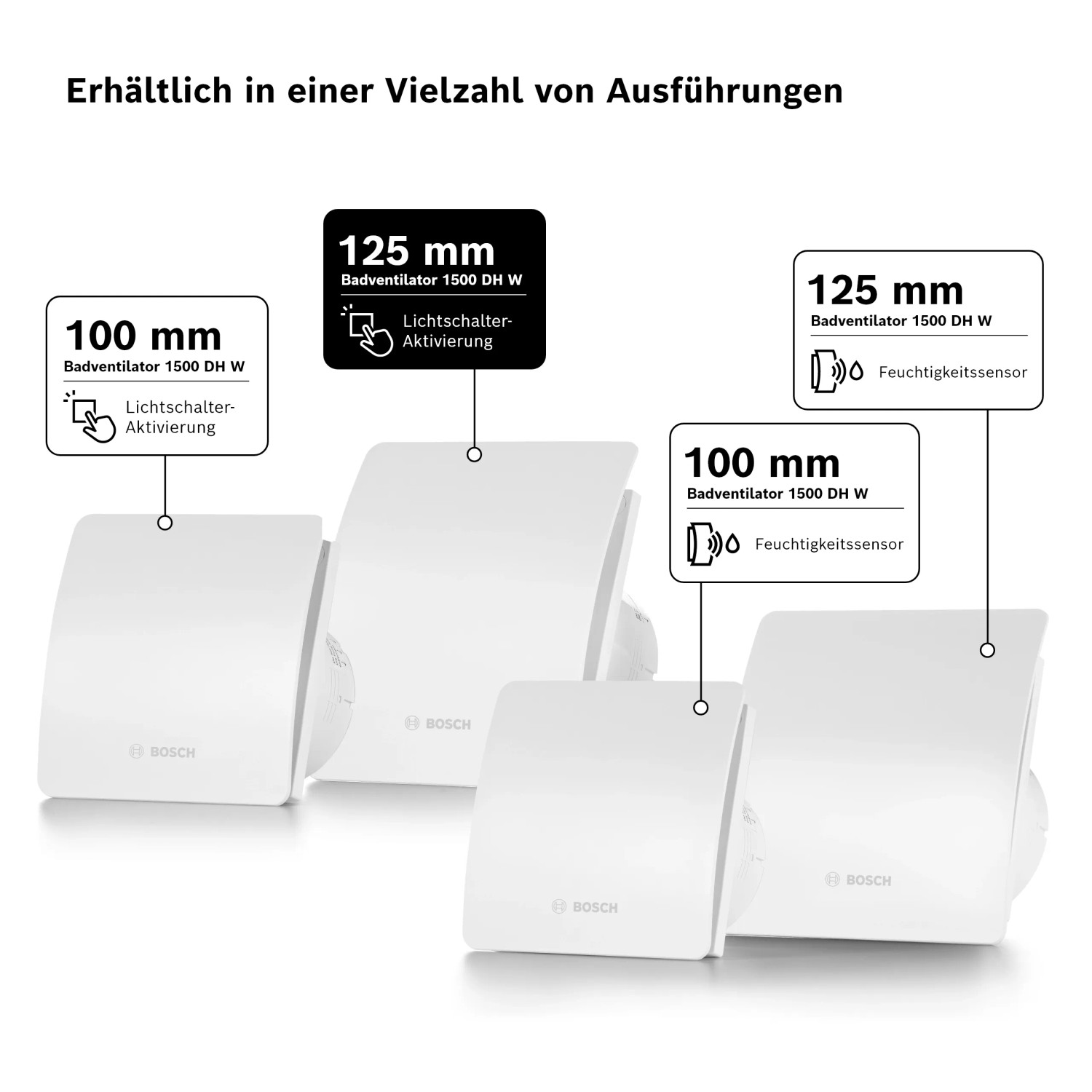 Bosch Badventilatoren Fan 1500 in verschiedenen Ausführungen (100/125mm) mit Lichtschalter- oder Feuchtigkeitssensor.