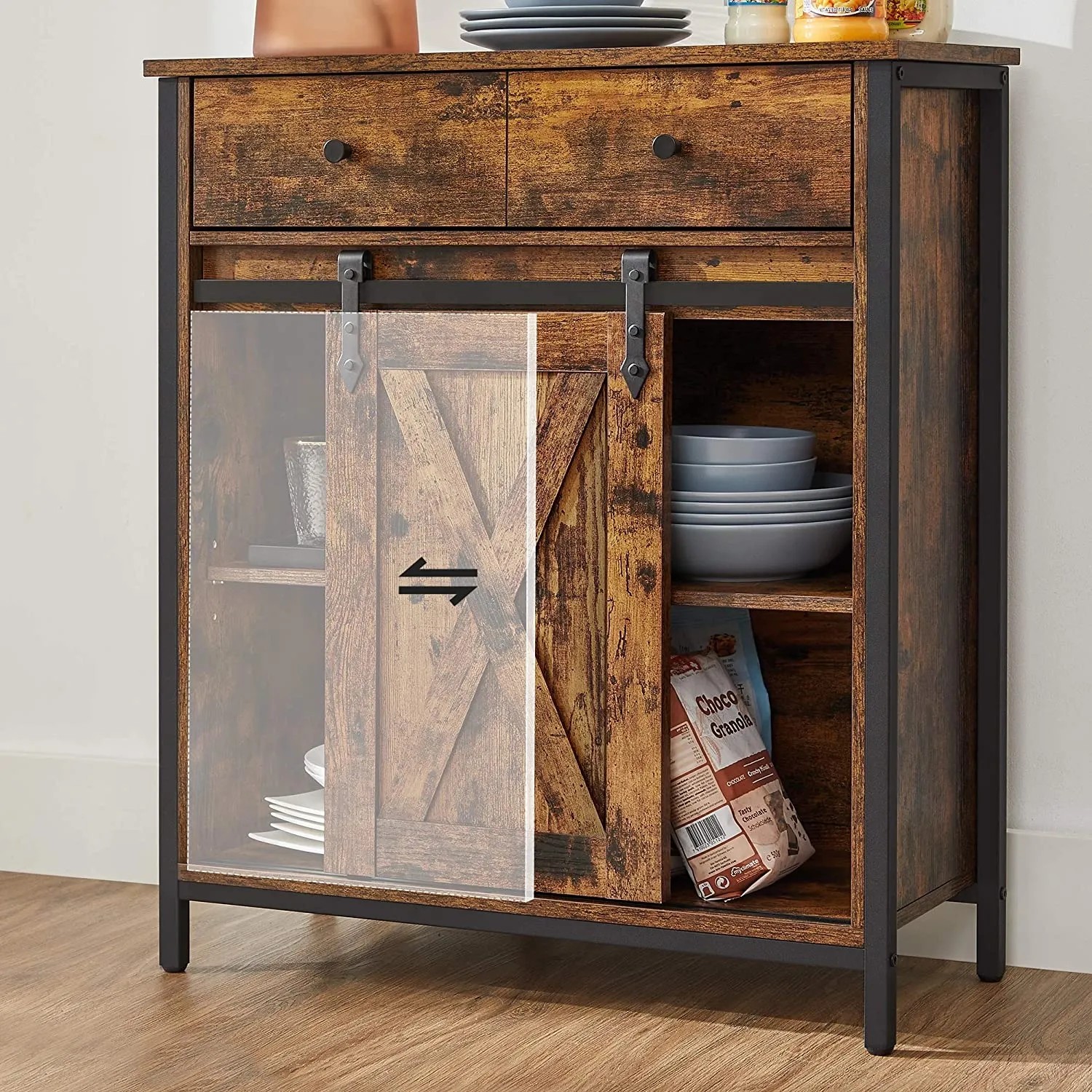 Vasagle Beistellschrank braun-schwarz mit Schiebetür, Schubladen und Regalfächern.