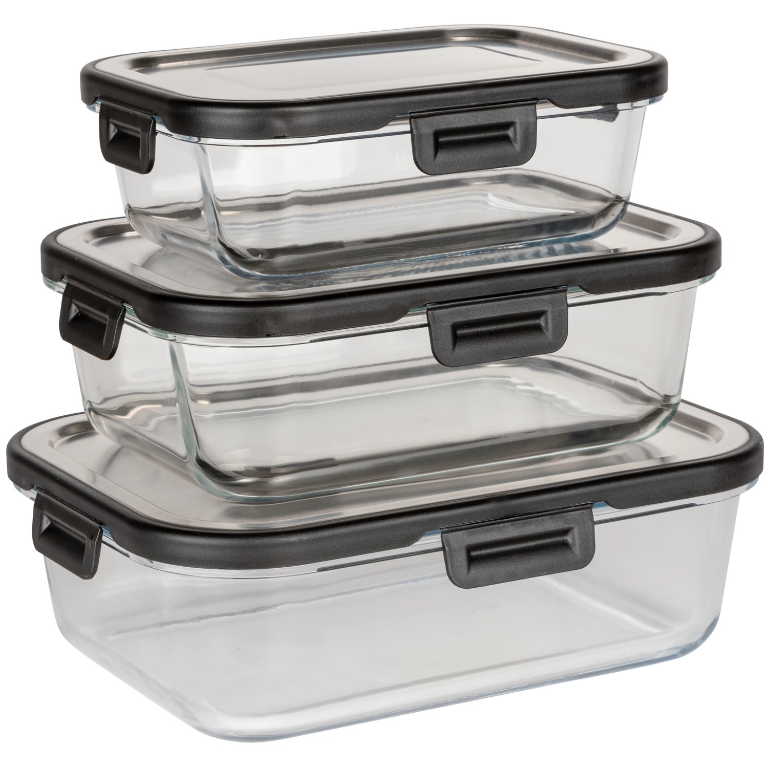 Wenko Glas Frischhaltedosen Steel Black Outdoor Kitchen, 3 Größen gestapelt.
