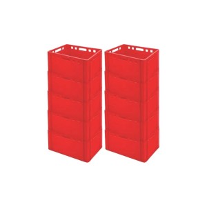 Zwei rote PROREGAL Eurobehälter Fleischerkasten E3 (30x40x60 cm) aus Kunststoff, gestapelt.