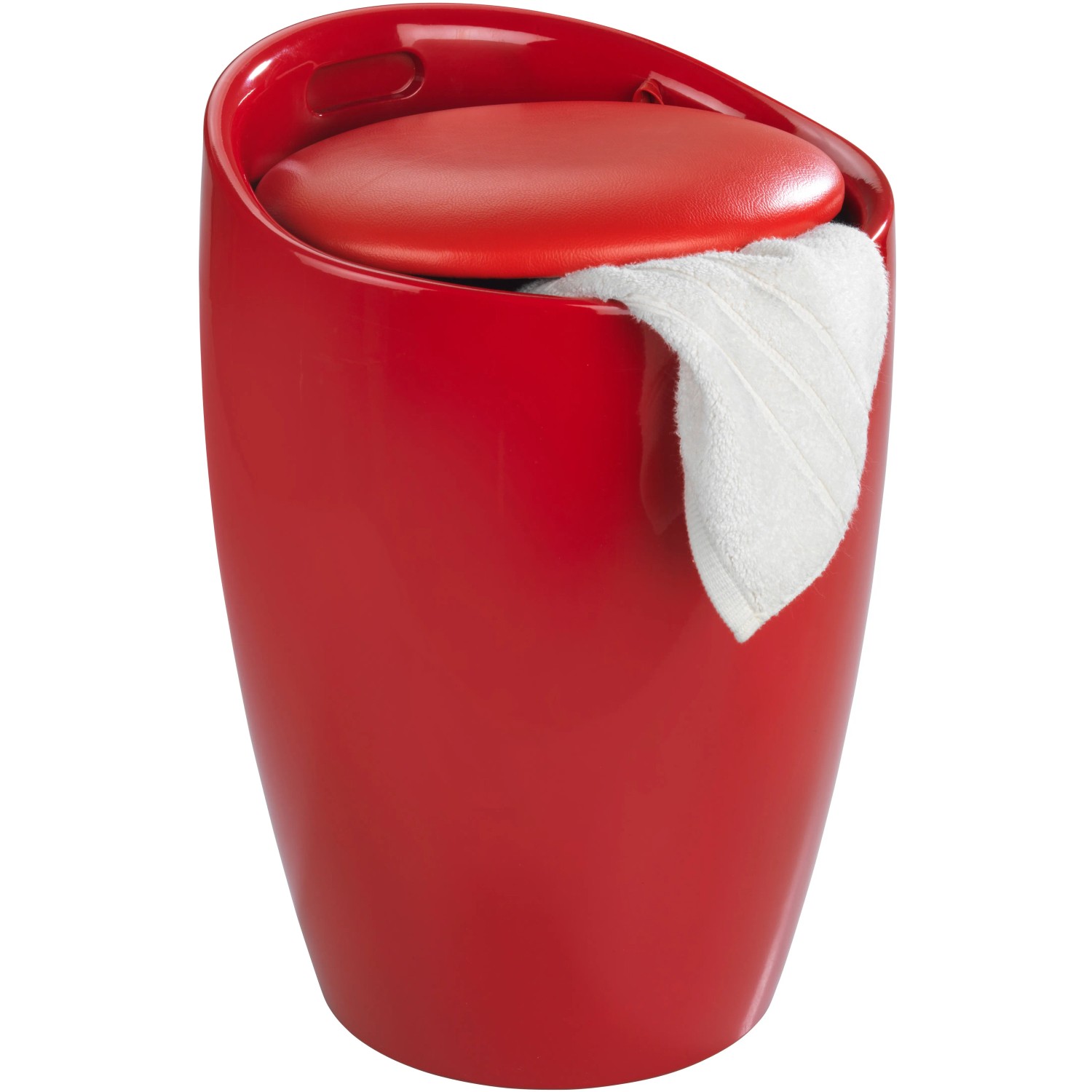 Roter Wenko Badhocker Candy mit Wäschesack, Sitzfläche und Tragegriff. Praktische Badmöbel.