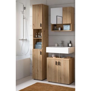 3-teiliges Badmöbel-Set Livia in Eiche Artisan mit Hochschrank, Spiegelschrank und Waschbeckenunterschrank.
