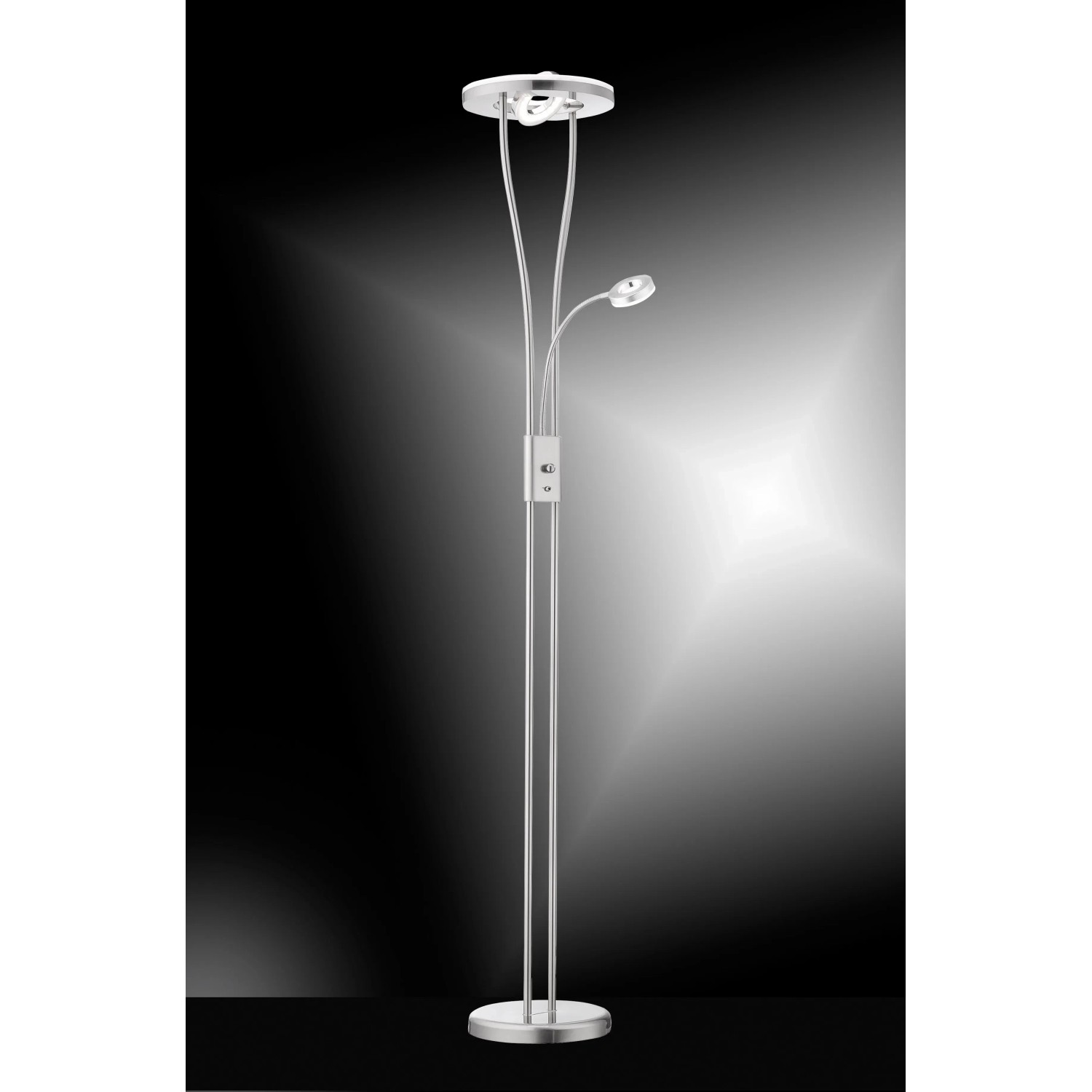 Moderner LED-Deckenfluter Helia aus Stahl, gebürstet, mit Leseleuchte, Höhe 187,5-198 cm.