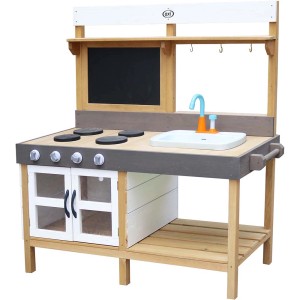 Große, rosa AXI Sand- und Wasser Spielküche aus Holz mit Kochfeld, Spüle und Zubehör.