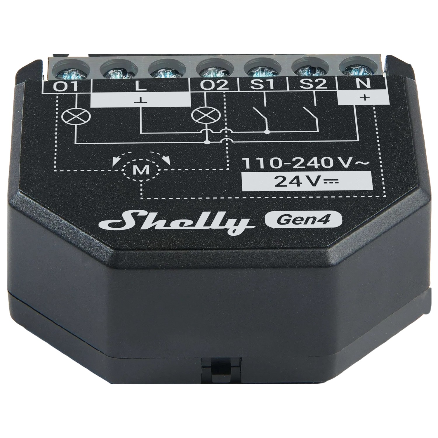 Schwarzes Shelly 2PM Gen4 Relais für Jalousien und Rollladensteuerung im Smart Home.