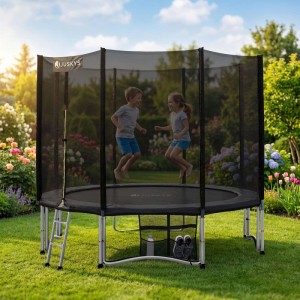 Juskys Gartentrampolin JumpMaster L, schwarz/anthrazit, mit zwei Kindern beim Springen im Garten.