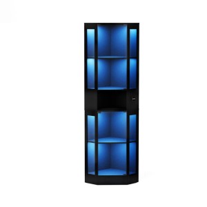 Schwarze Glasvitrine mit blauer LED-Beleuchtung, fünf Glasböden und integrierter Ladestation. Moderne Eckvitrine.