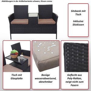 Schwarze Poly-Rattan Sitzbank mit integriertem Glastisch und cremefarbenen, wasserabweisenden Kissen.