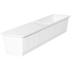 Weißer Geli Blumenkasten Standard, ca. 80 cm, mit Holzstruktur für den Garten oder Balkon.