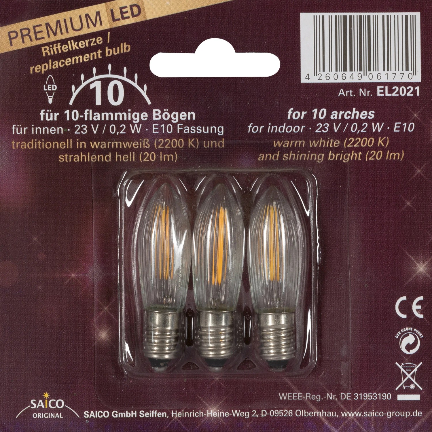 Saico Premium LED-Riffelkerze für 20-flammige Lichterbögen 3er-Blister