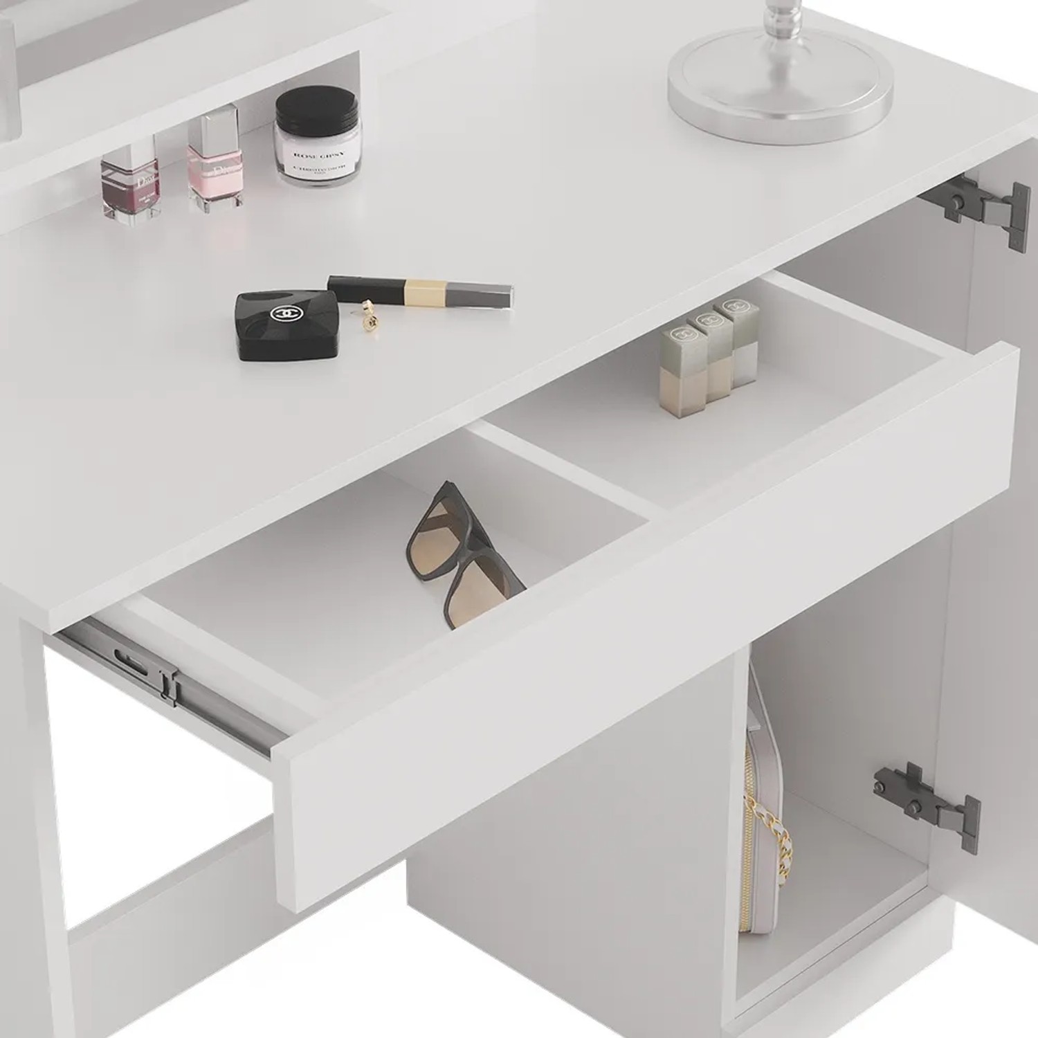 Detailansicht des weißen Vicco Schminktisch Julia 90 cm mit LED-Spiegel, Schubladen und Fächern.