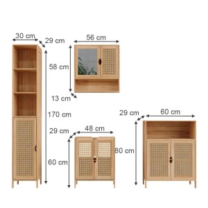 Vicco Badmöbel-Set Liora, 4-teilig, Bambus-Optik, mit Waschbecken-, Spiegel-, Mittel- und Hochschrank.