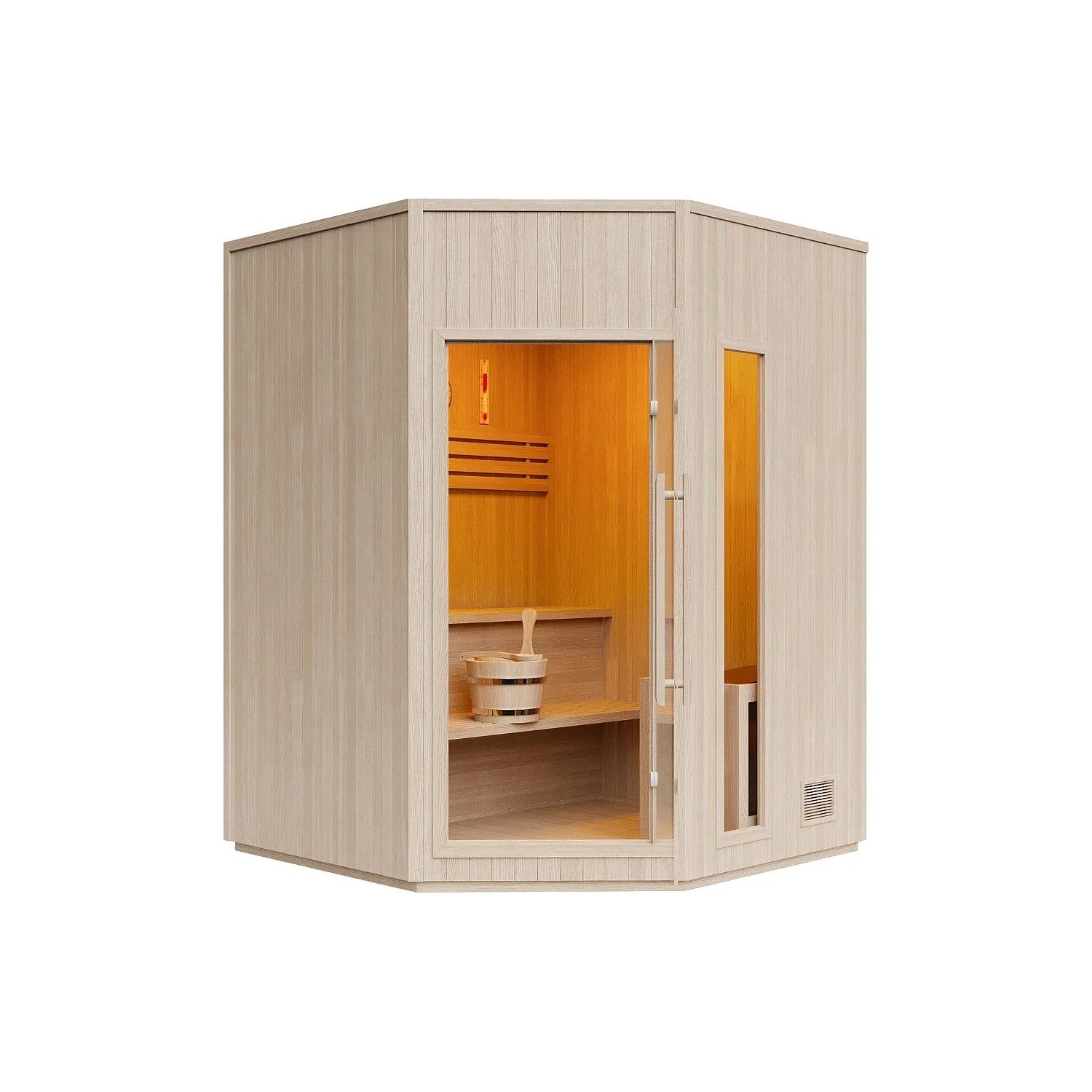 Kompakte finnische Eck-Sauna aus hellem Holz mit Glastür, Bänken, Eimer und Kelle. Saunahaus 180 cm.