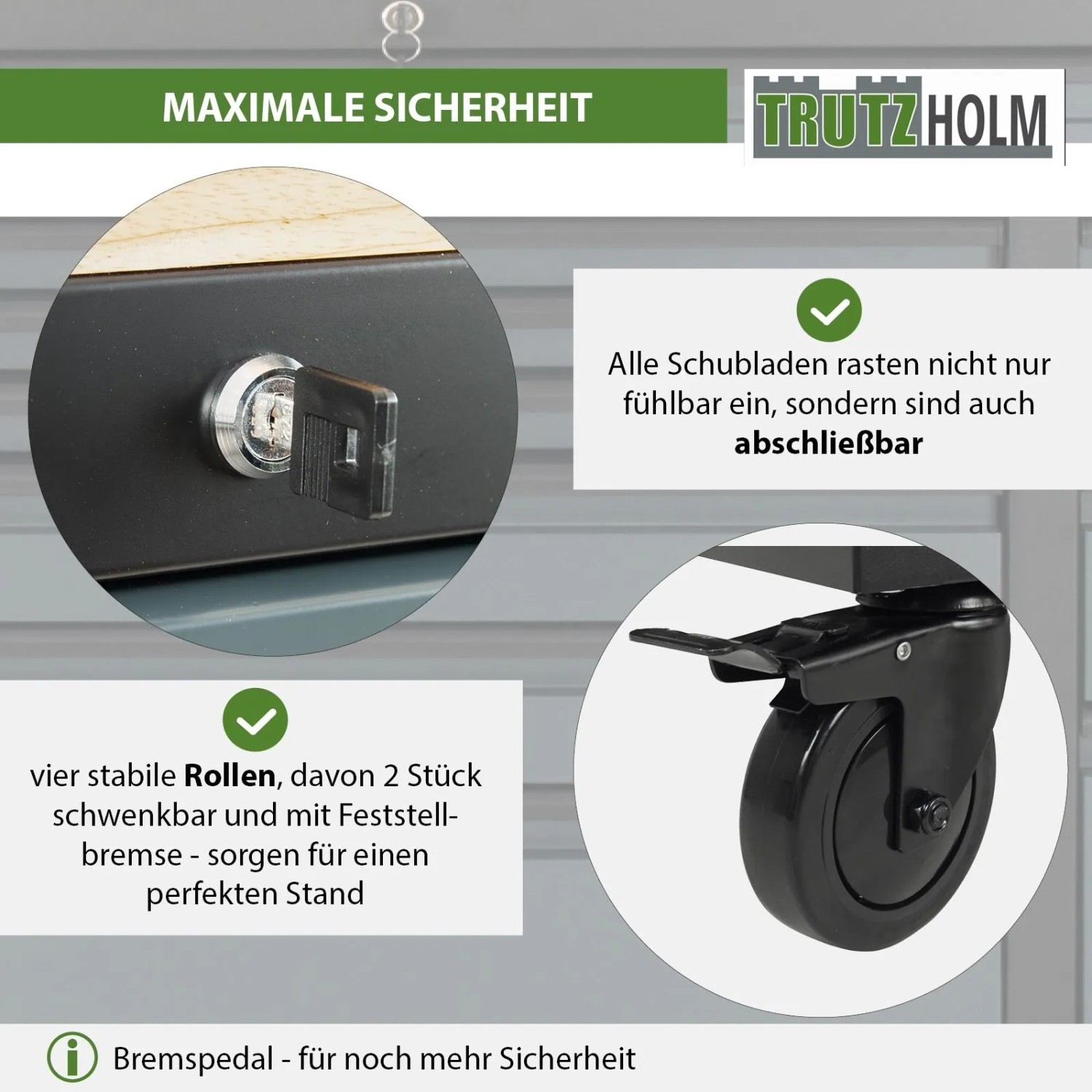TRUTZHOLM Werkstattwagen: Detail von abschließbaren Schubladen und stabilen Rollen mit Bremse für sicheren Stand.