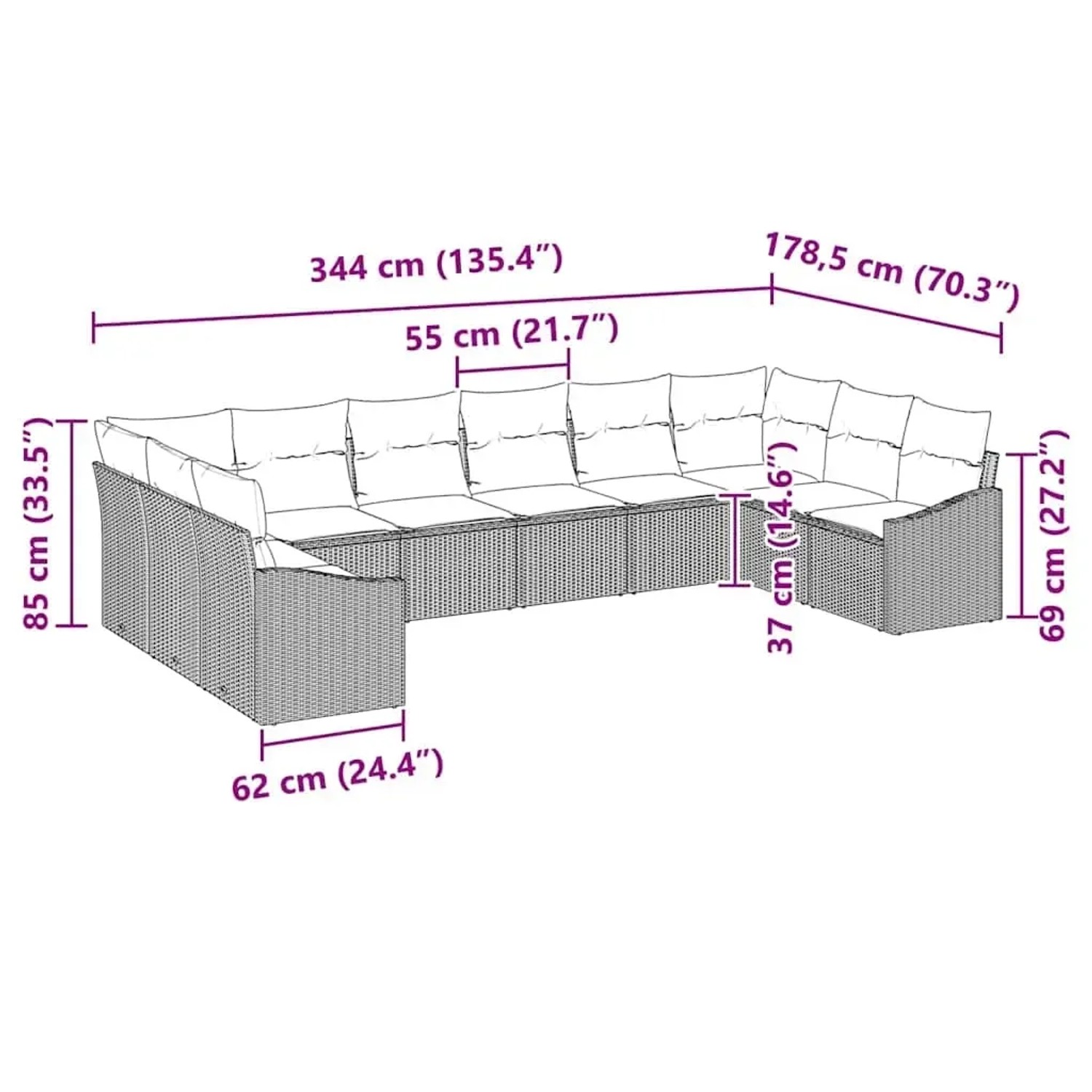 Graues 10-teiliges Garten-Sofa-Set aus Poly Rattan von vidaXL. Gartenmöbel mit modularem Aufbau und Polster.