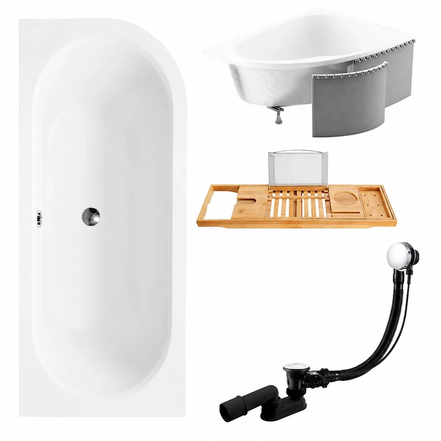 KOLMAN Badewanne Eckwanne 170 x 75 Cm Links Mit Styroporverkleidung Mit Bambus Badewannenablage Inkl. Ablauf Und Füße