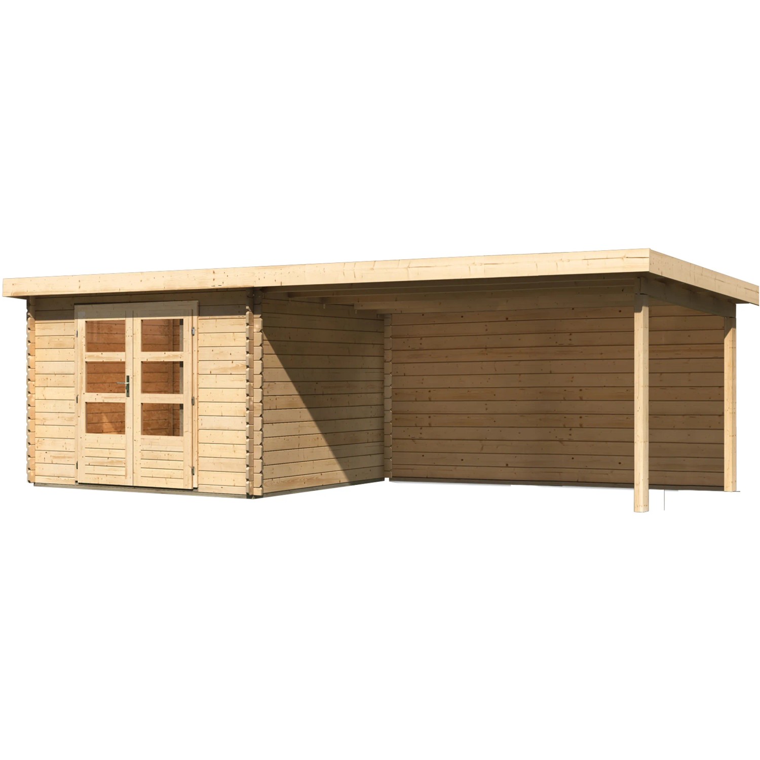 Karibu Holz-Gartenhaus Ängelholm mit Pultdach und Anbau, unbehandelt.