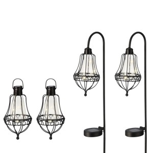 4er Set schwarze LED Solar Laternen aus Metall, 2x hängend mit Henkel, 2x mit Erdspieß. Gartenleuchten mit Sensor.